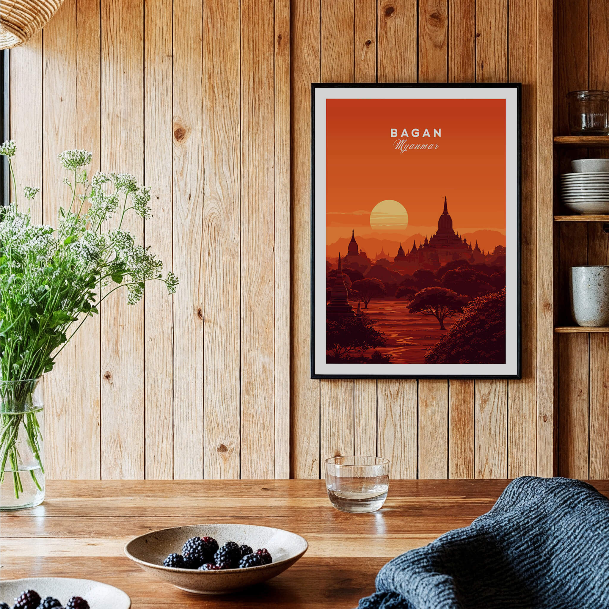 Bagan Travel Poster – Minimalist Temple Wall Art featuring serene sunset and iconic pagodas in a modern interior.
