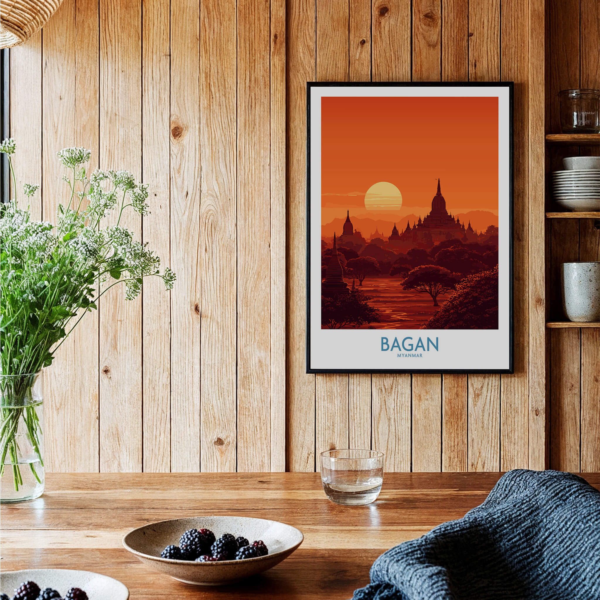 Bagan Myanmar Print – Traditional Pagoda Wall Art displayed in a cozy rustic setting with wooden decor.