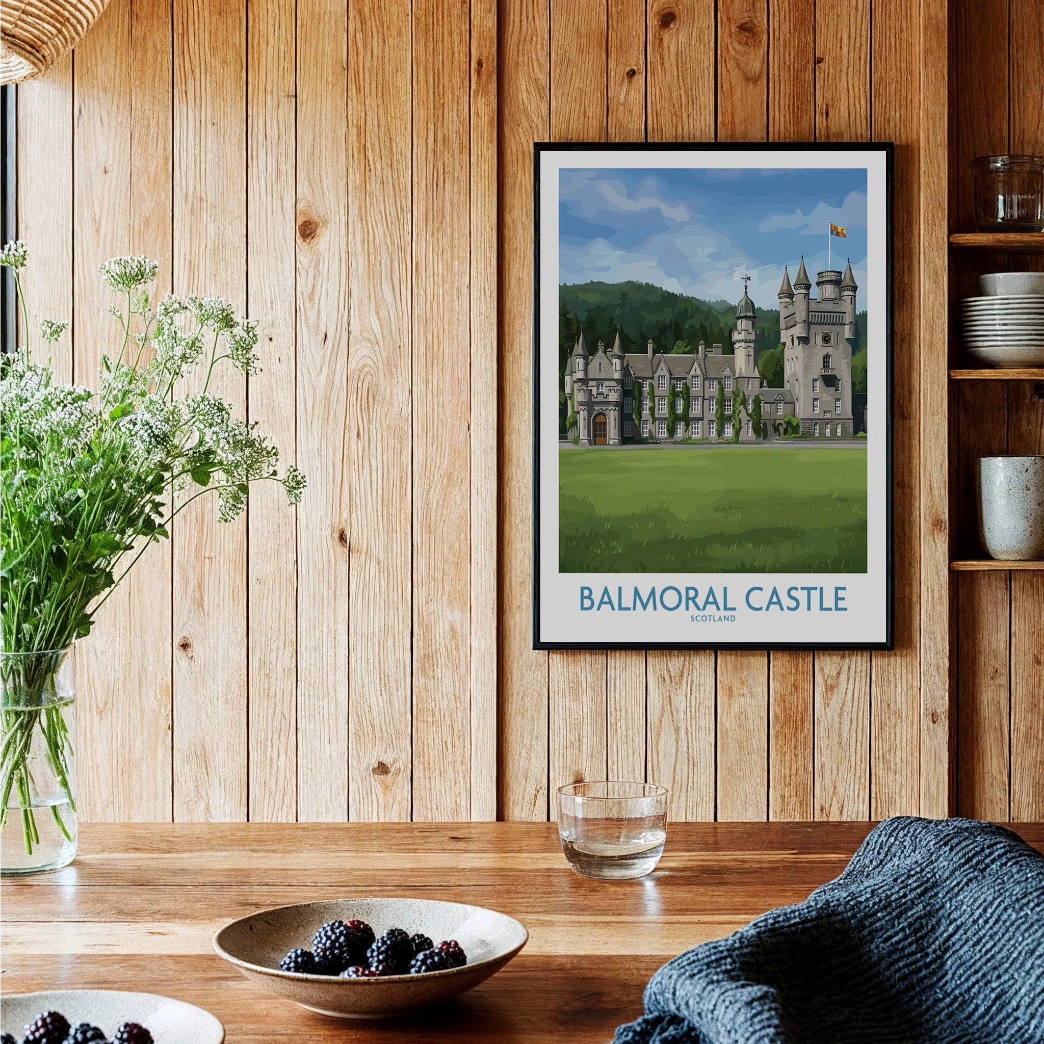 Balmoral Castle travel poster art print in black frame on wood kitchen wall decor