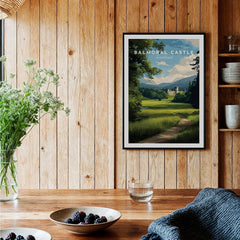 Framed Balmoral Castle travel art print on wood kitchen wall, rustic home decor