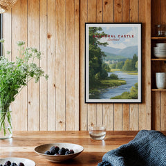 Framed Balmoral Castle travel art print in cozy kitchen with wood accents and fresh berries