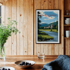 Framed Balmoral Castle travel poster on wood kitchen wall with rustic decor