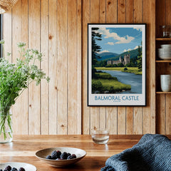 Balmoral Castle travel art print in black frame on wooden kitchen wall, rustic decor