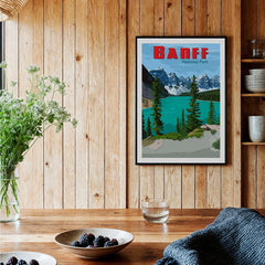 Banff National Park art print with lake and mountains in a modern rustic kitchen decor setting