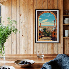 Barcelona Poster - Park Güell print displayed in a cozy kitchen setting with wooden decor and natural elements.