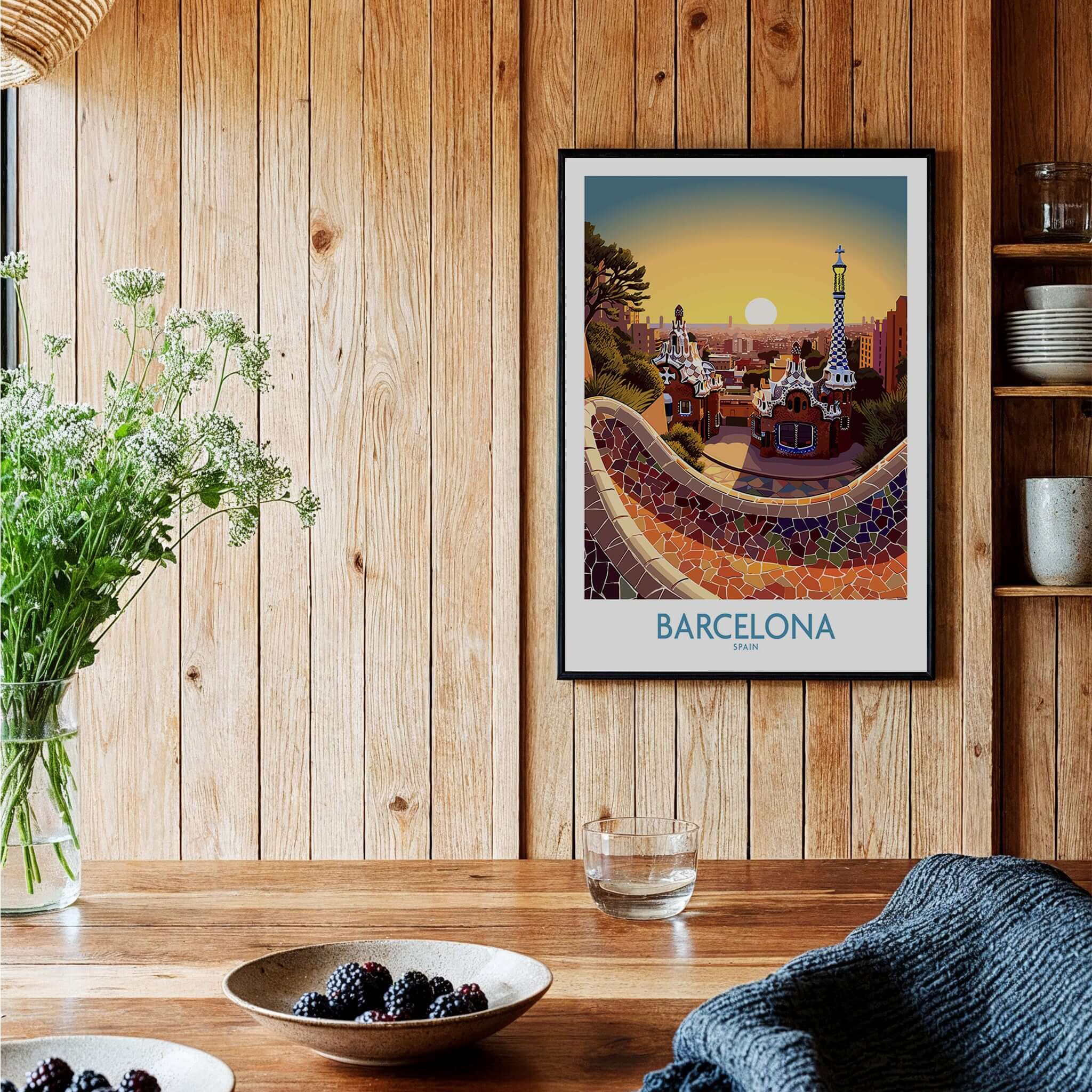 Barcelona Park Guell Poster | Modern Style displayed in a cozy home setting with wooden decor and plants.
