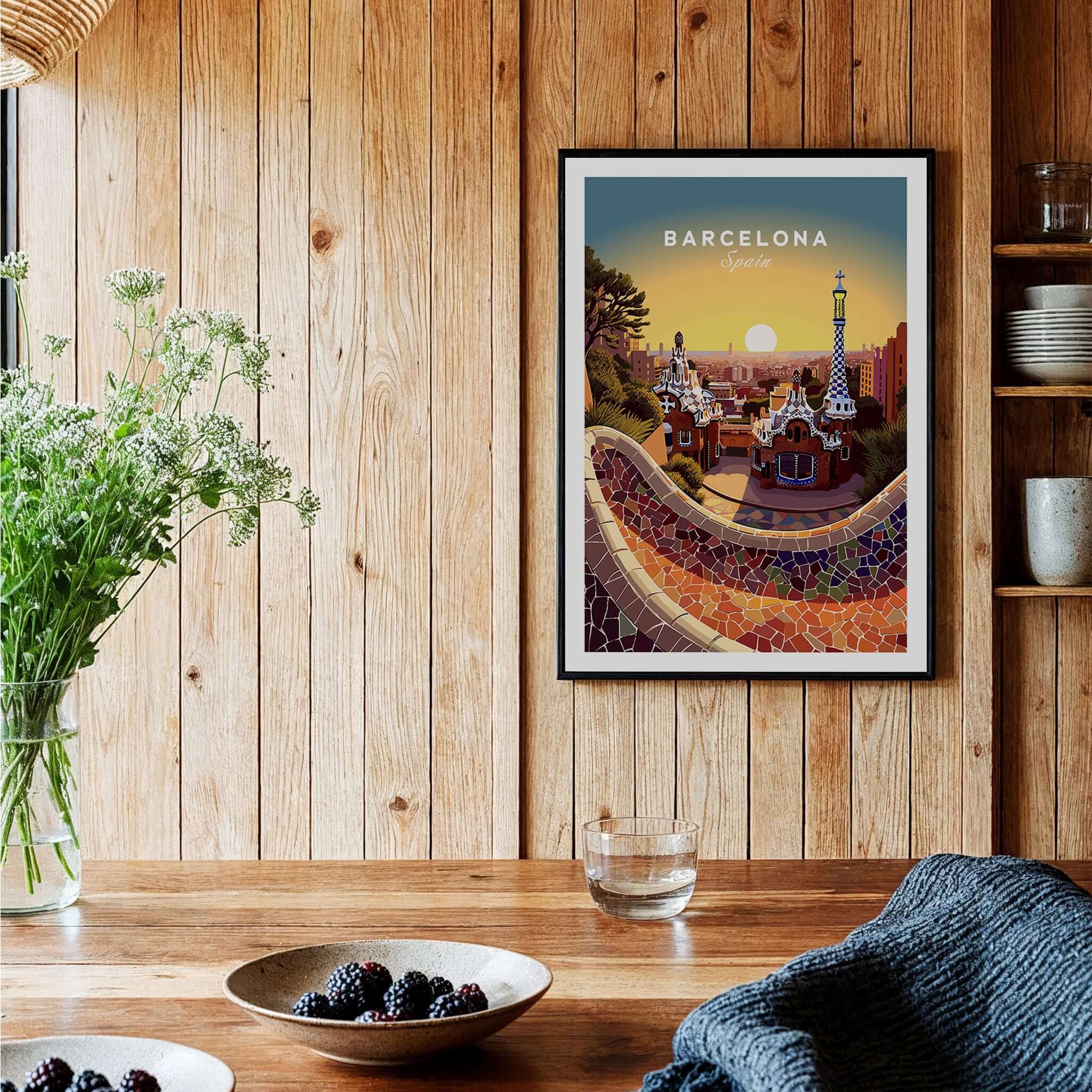 Barcelona Travel Poster Print displayed on a wooden wall, showcasing vibrant colors of Catalan architecture.