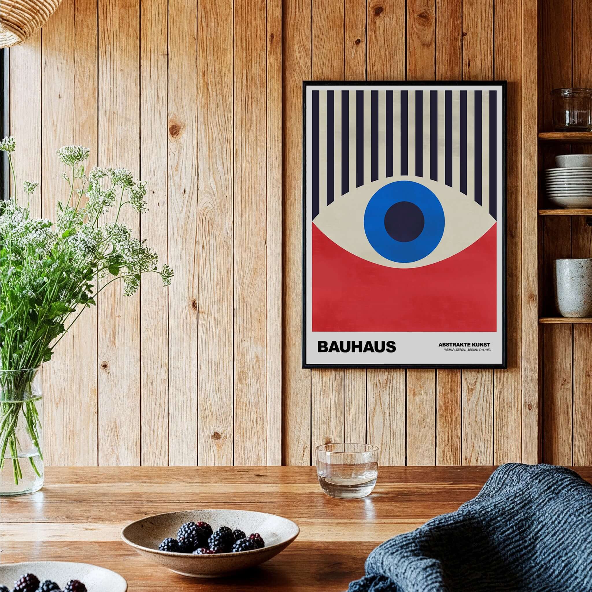 Bauhaus Exhibition Prints - Abstract Eye Art Print Geometric Red Blue Design displayed on a wooden wall, featuring bold colors.