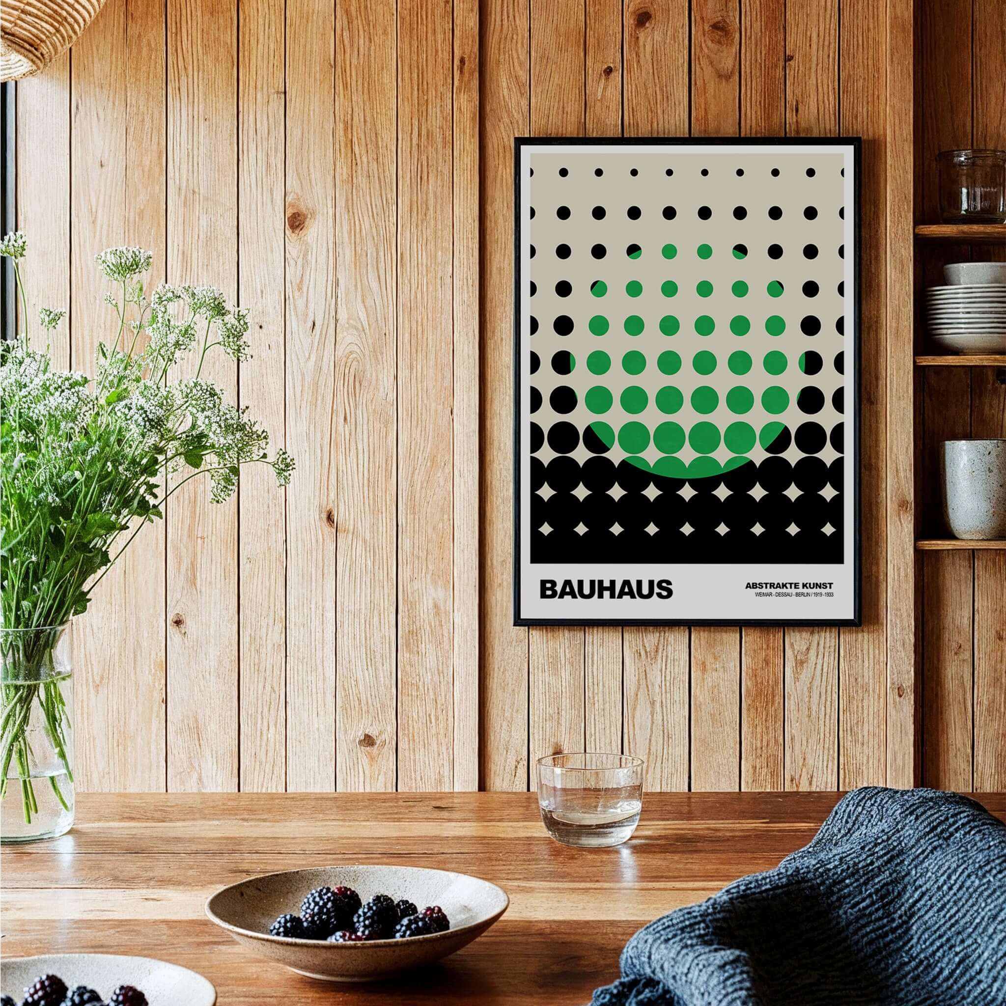 Bauhaus Exhibition Prints - Abstract Circle Pattern Art Print Green Black Dot Gradient displayed in a stylish interior setting.