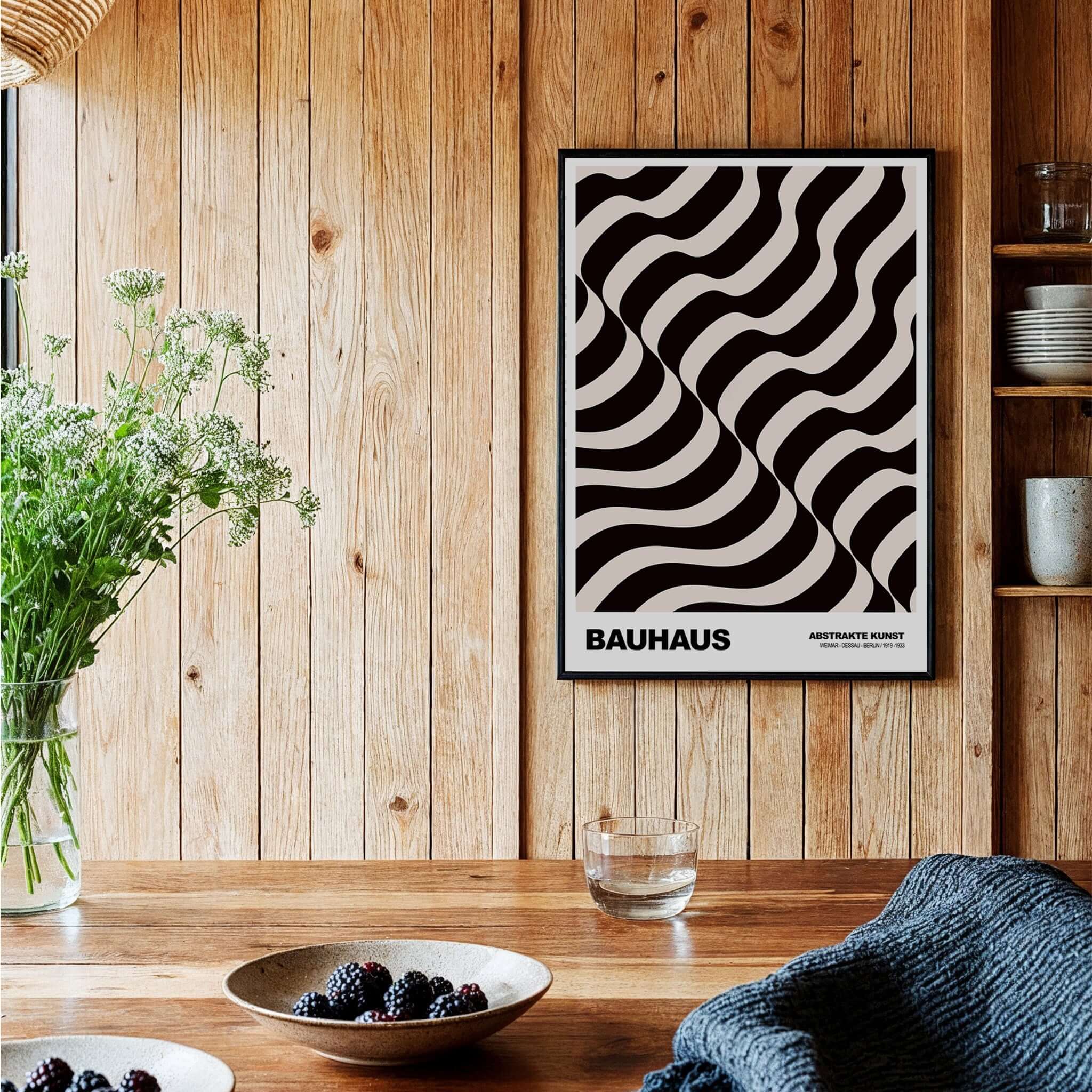 Bauhaus Exhibition Prints - Thick Undulating Waves Poster Black Cream Abstract Art displayed in a wooden interior.