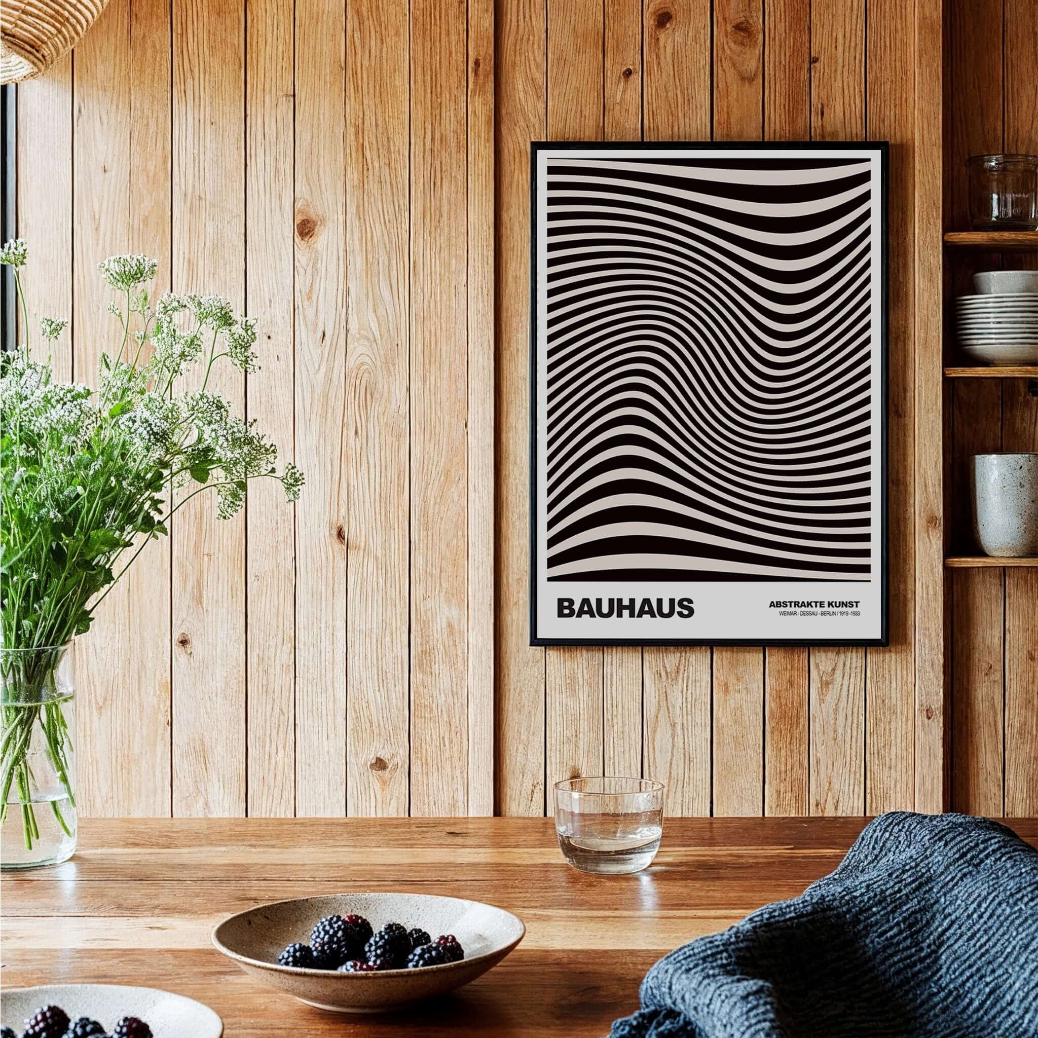 Bauhaus Exhibition Prints -  Optical Wave Lines Art Print Black Cream Abstract displayed in a wooden interior.