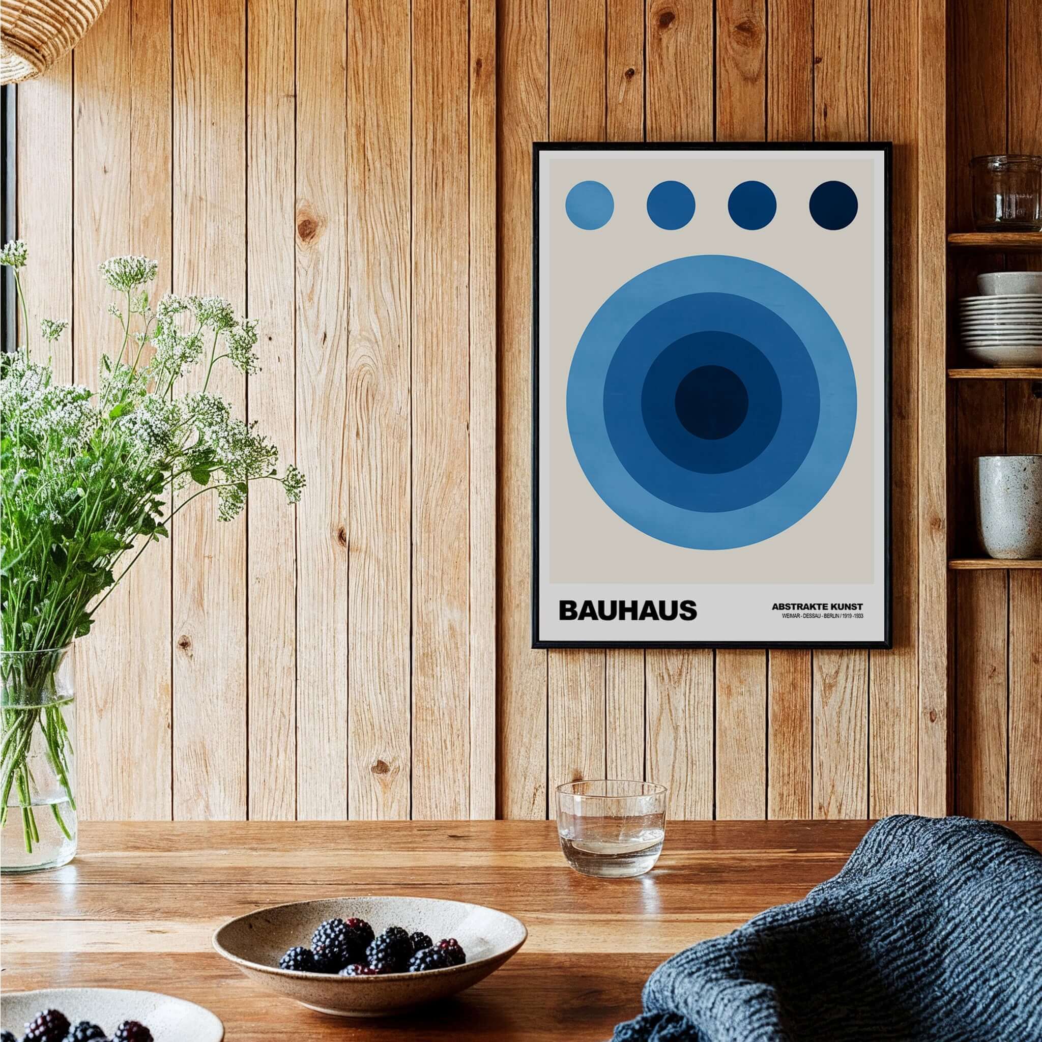 Bauhaus Exhibition Prints - Abstract Blue Circles Poster Geometric Design displayed in a cozy wooden interior.