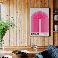 Bauhaus Exhibition Prints - Concentric Pink Arch Poster Minimalist Geometric Art displayed in a modern interior.