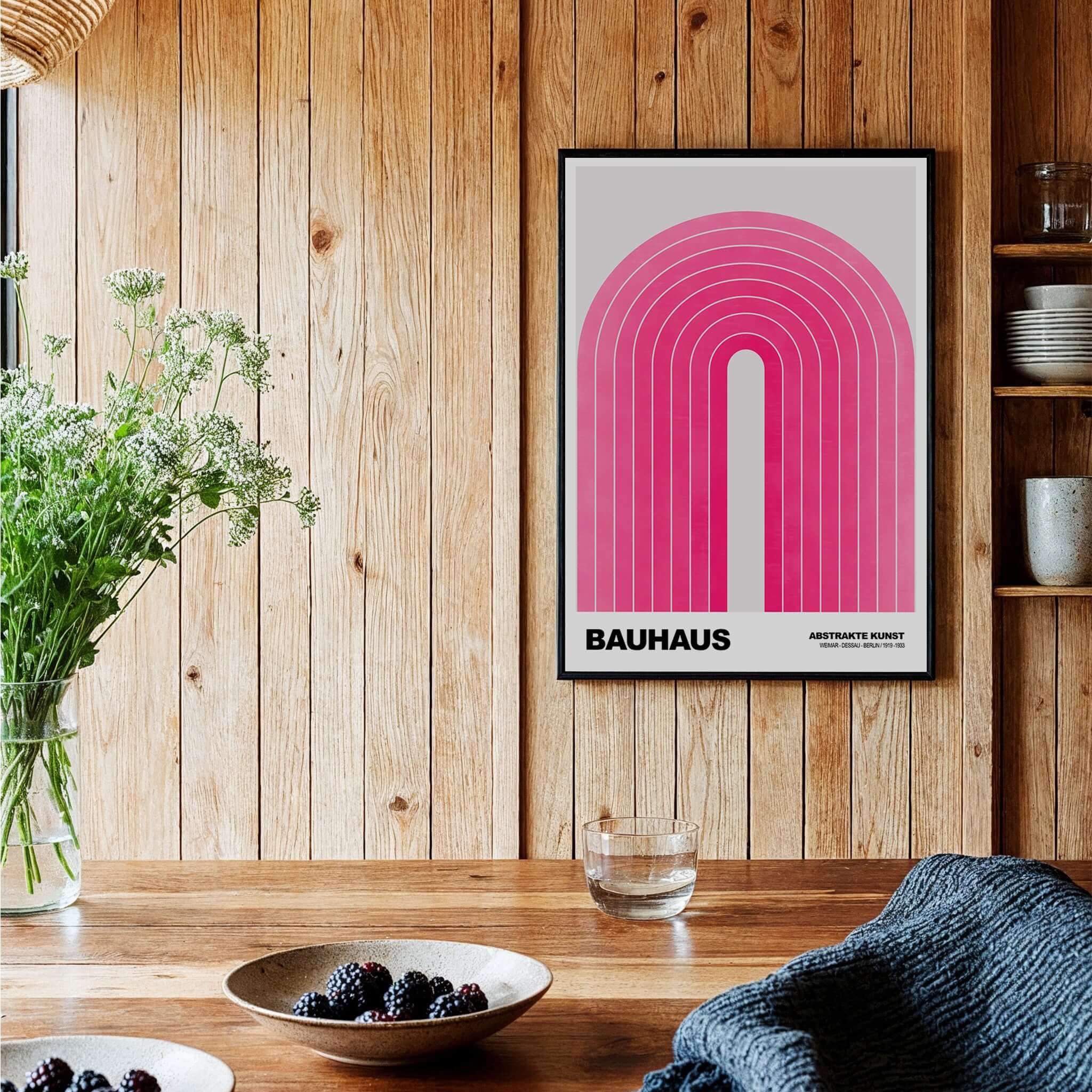 Bauhaus Exhibition Prints - Concentric Pink Arch Poster Minimalist Geometric Art displayed in a modern interior.