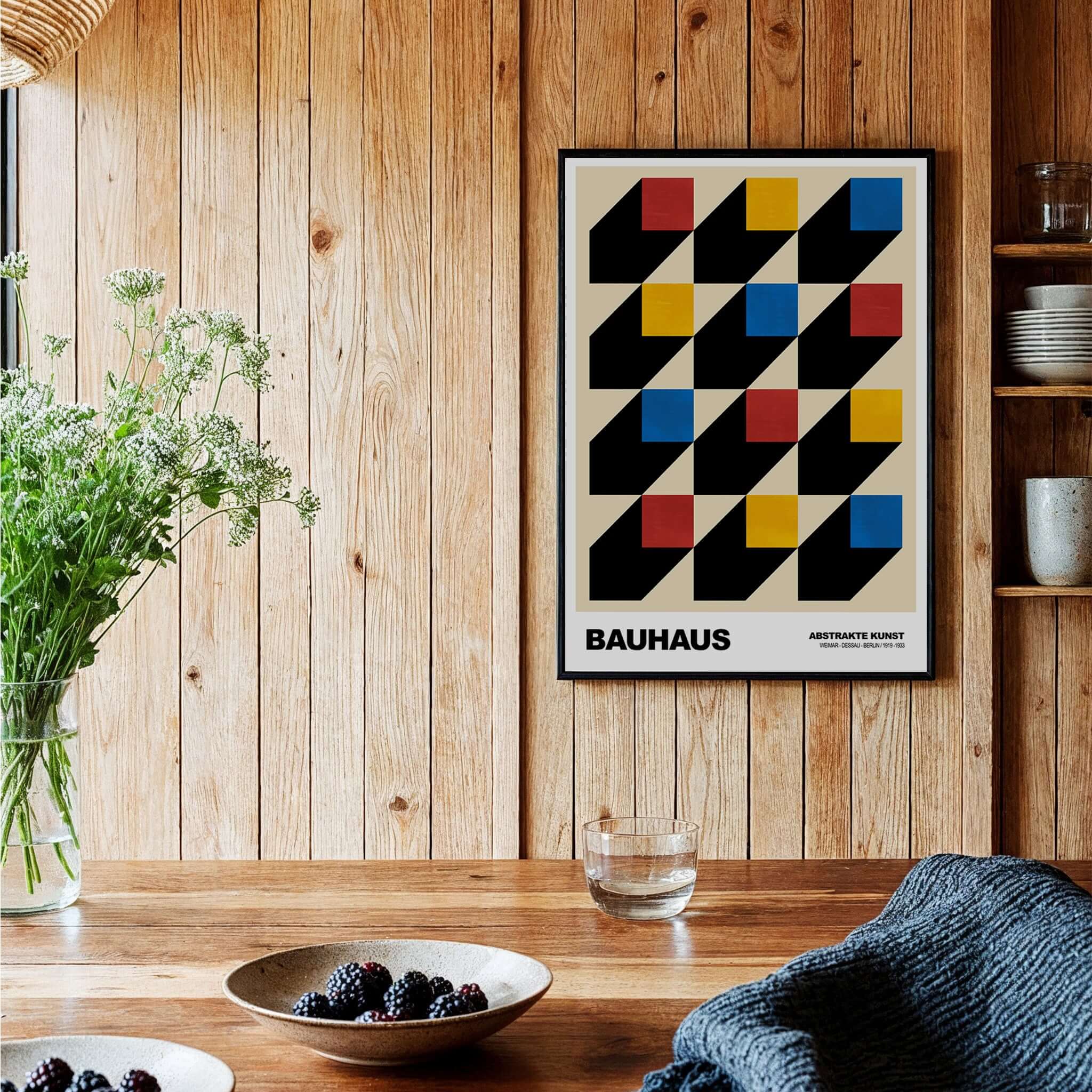 Bauhaus Exhibition Prints - Isometric Cubes Art Print Red Yellow Blue Design displayed on a wooden wall with plants.