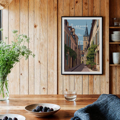 Beaune Travel Poster – Burgundy France Wall Art displayed in a rustic kitchen with wooden decor and fresh flowers.
