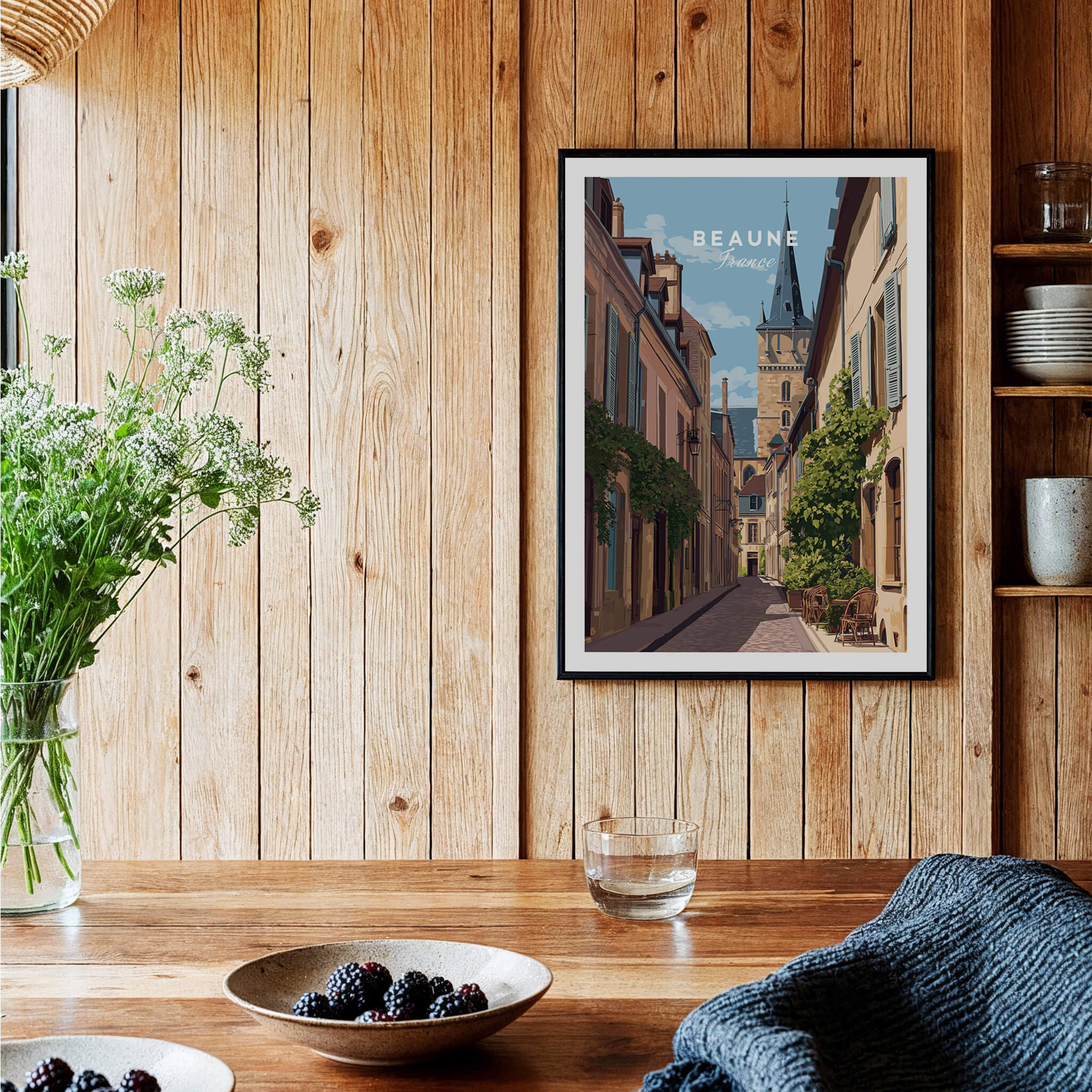 Beaune Travel Poster – Burgundy France Wall Art displayed in a rustic kitchen with wooden decor and fresh flowers.