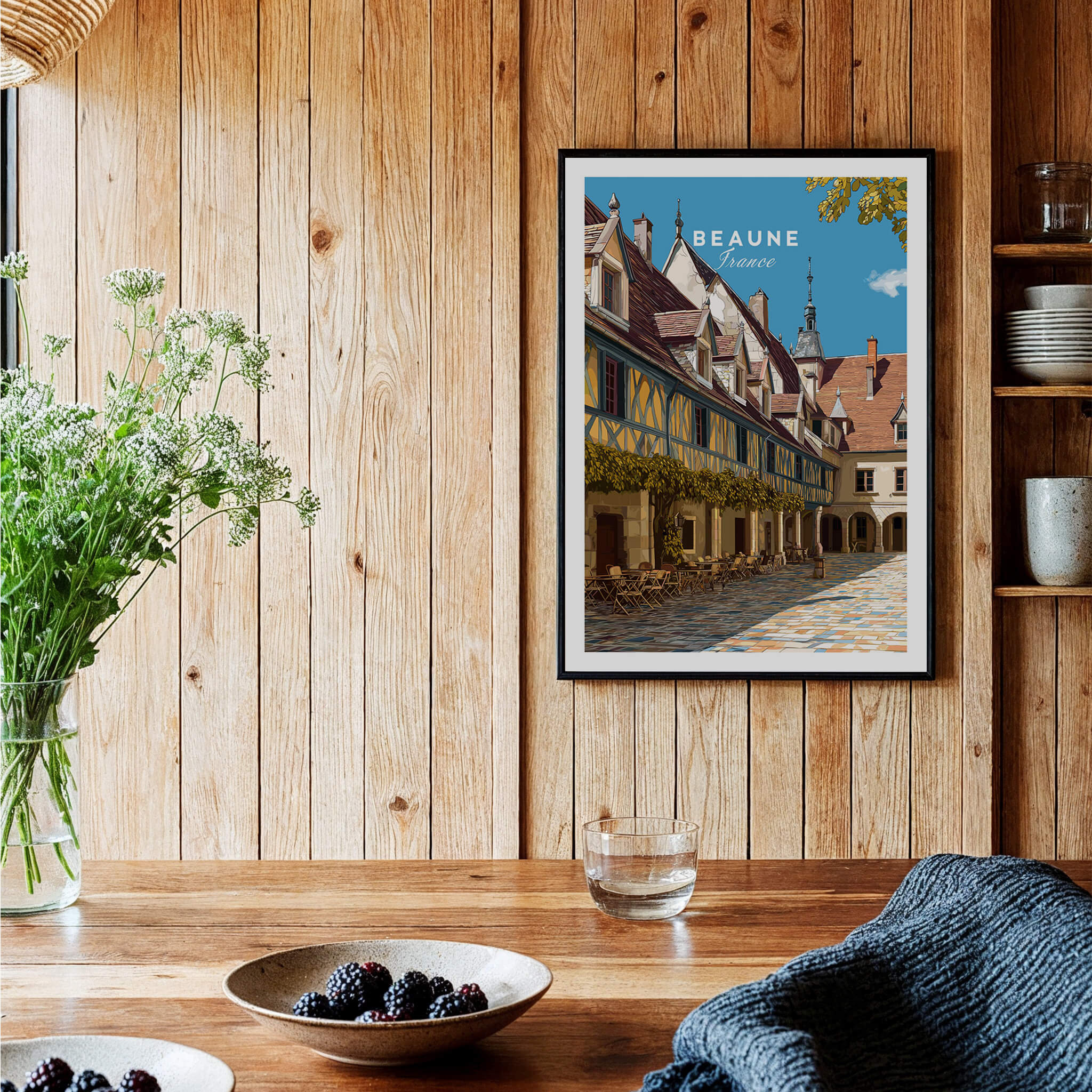 Beaune Travel Poster – Hospices de Beaune Architecture and Courtyard Art displayed in a cozy kitchen setting