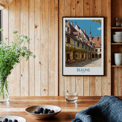 Beaune France Print – Hospices de Beaune Wall Art displayed on wooden wall with rustic decor.