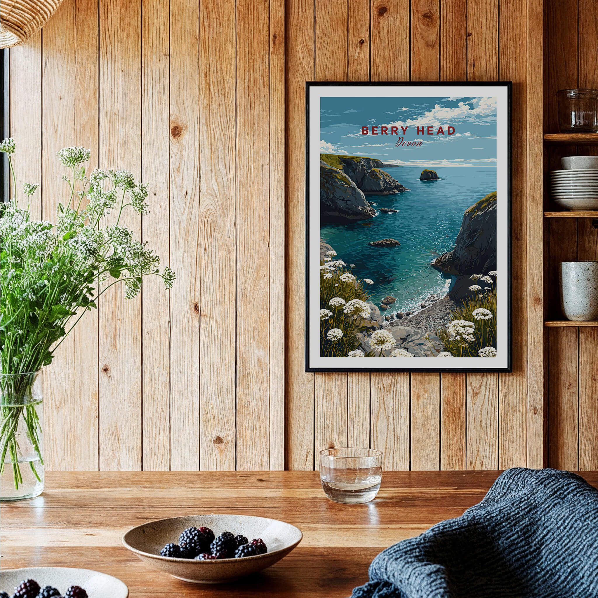 Berry Head Travel Poster – South Devon Coastline and Wildflower Art displayed in a rustic wooden setting.