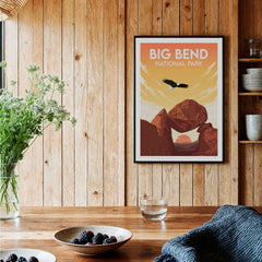Big Bend National Park travel poster framed on wood wall in rustic kitchen setting