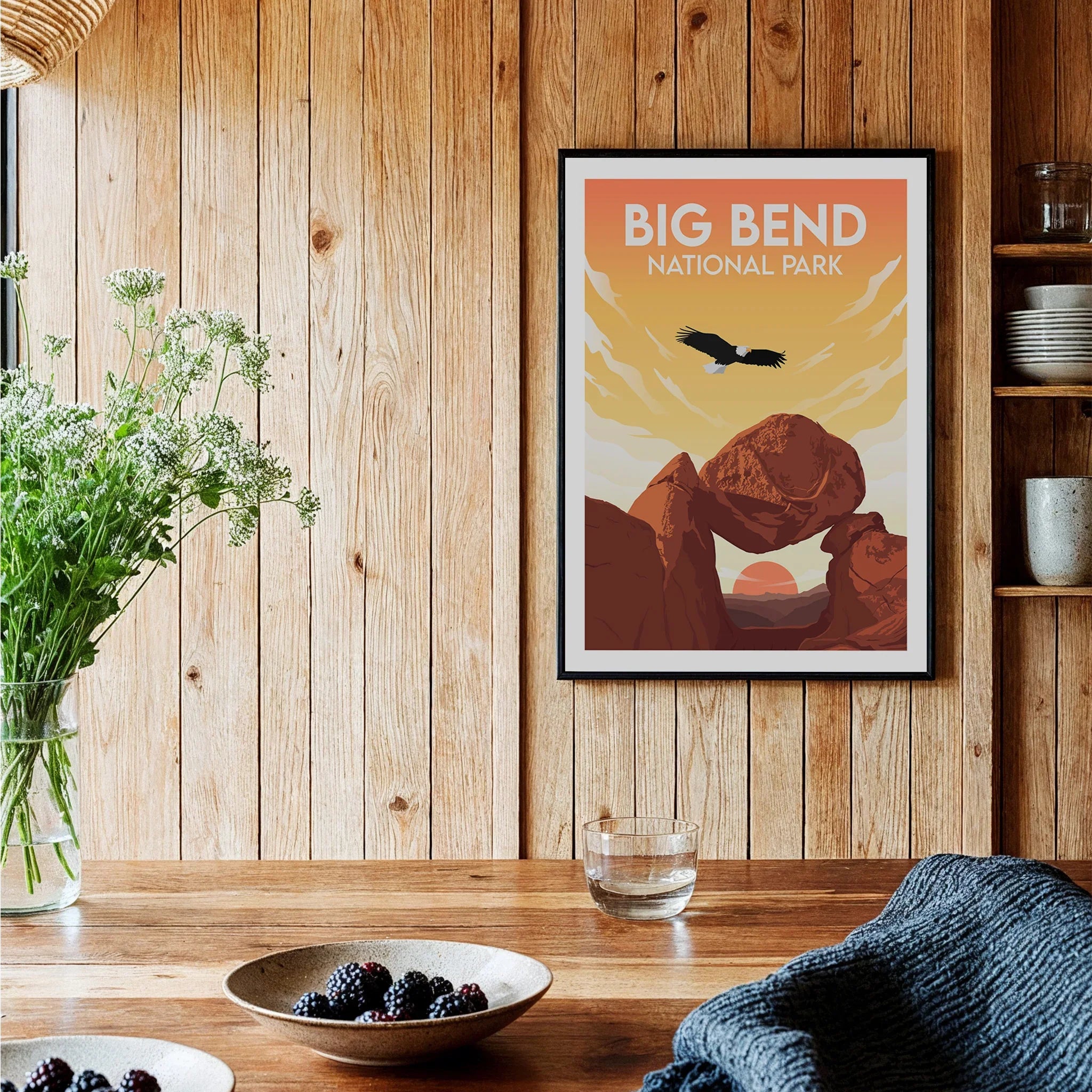 Big Bend National Park travel poster framed on wood wall in rustic kitchen setting