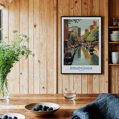 Framed Birmingham city canal art print on wooden kitchen wall, rustic decor setting