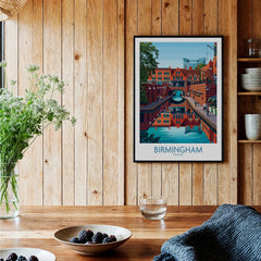 Birmingham city skyline art print in black frame on wooden kitchen wall, modern home decor
