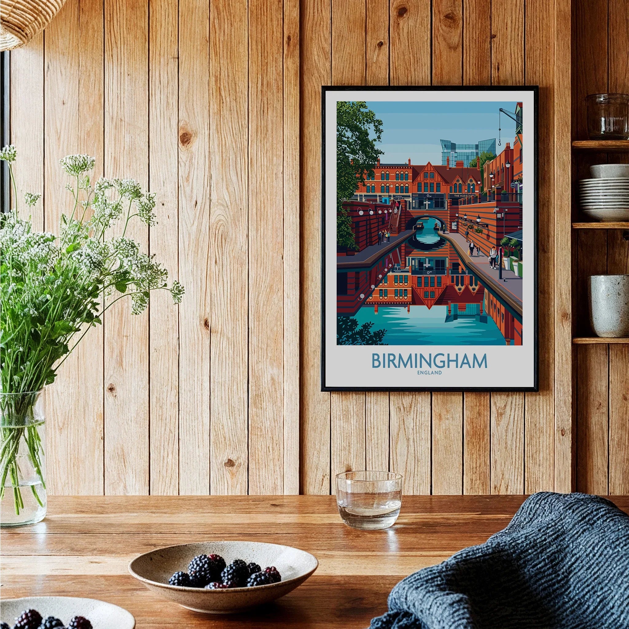 Birmingham city skyline art print in black frame on wooden kitchen wall, modern home decor