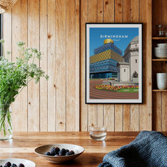 Birmingham travel poster art print in black frame on wooden kitchen wall, cozy home decor