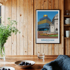 Framed Birmingham England city skyline art print hanging in a rustic kitchen setting