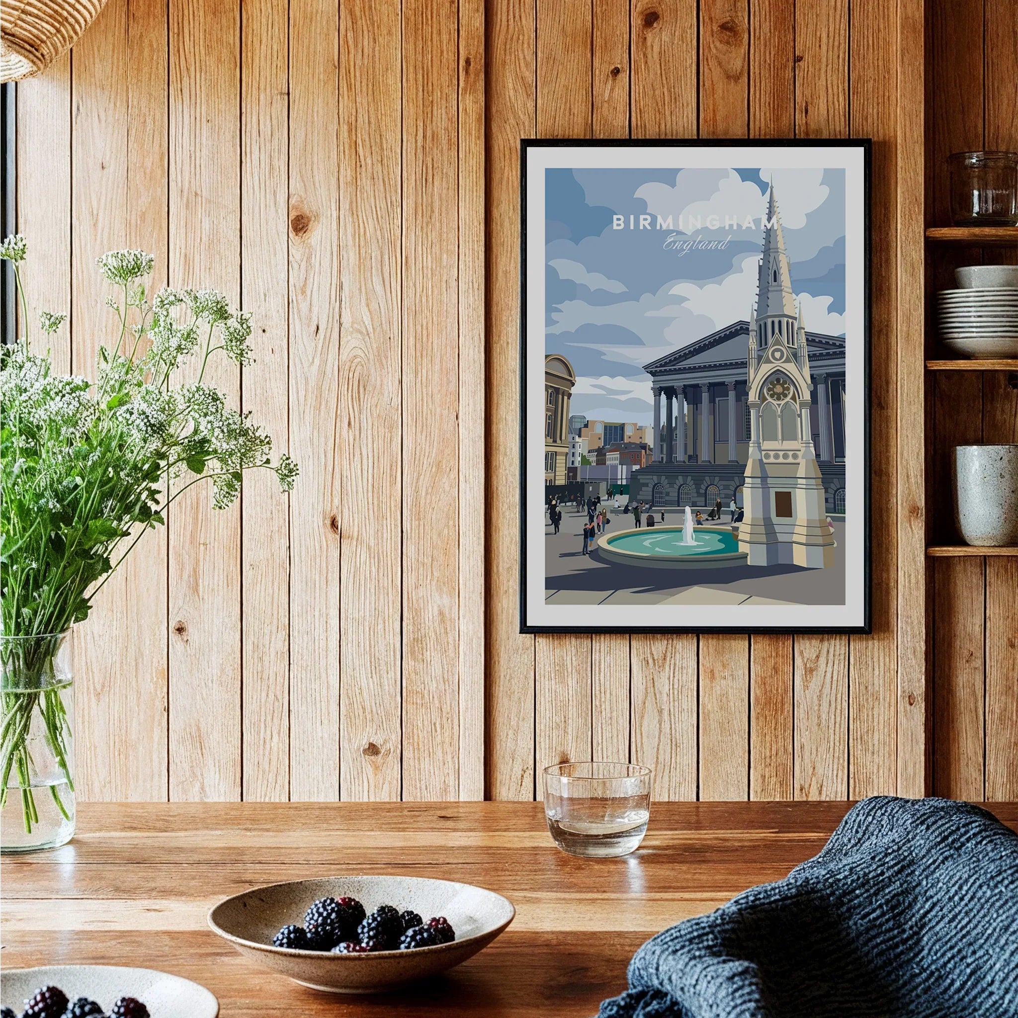 Birmingham skyline art print with town square, framed on wooden kitchen wall, cozy decor