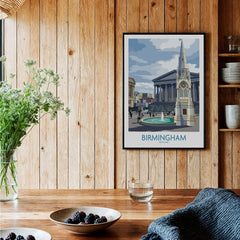 Framed Birmingham city travel poster art print on kitchen wood wall decor