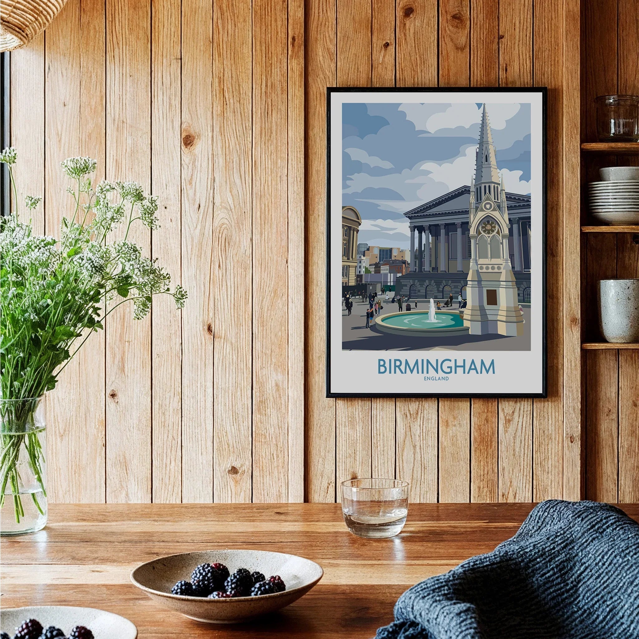 Framed Birmingham city travel poster art print on kitchen wood wall decor