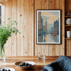 Birmingham England travel poster art print framed on wood wall in cozy kitchen
