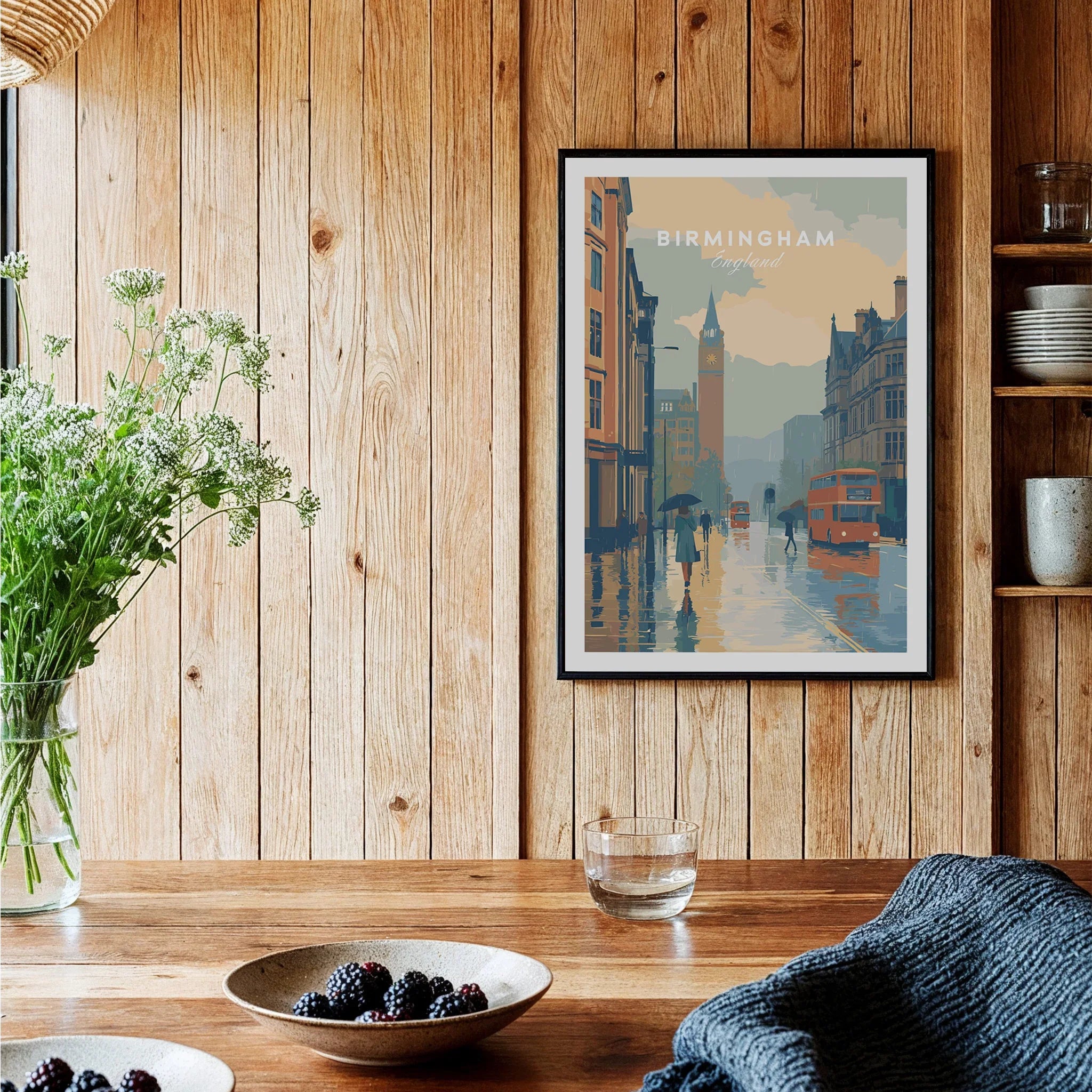 Birmingham England travel poster art print framed on wood wall in cozy kitchen