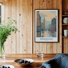 Framed Birmingham travel poster on wood kitchen wall, rustic decor, city wall art print