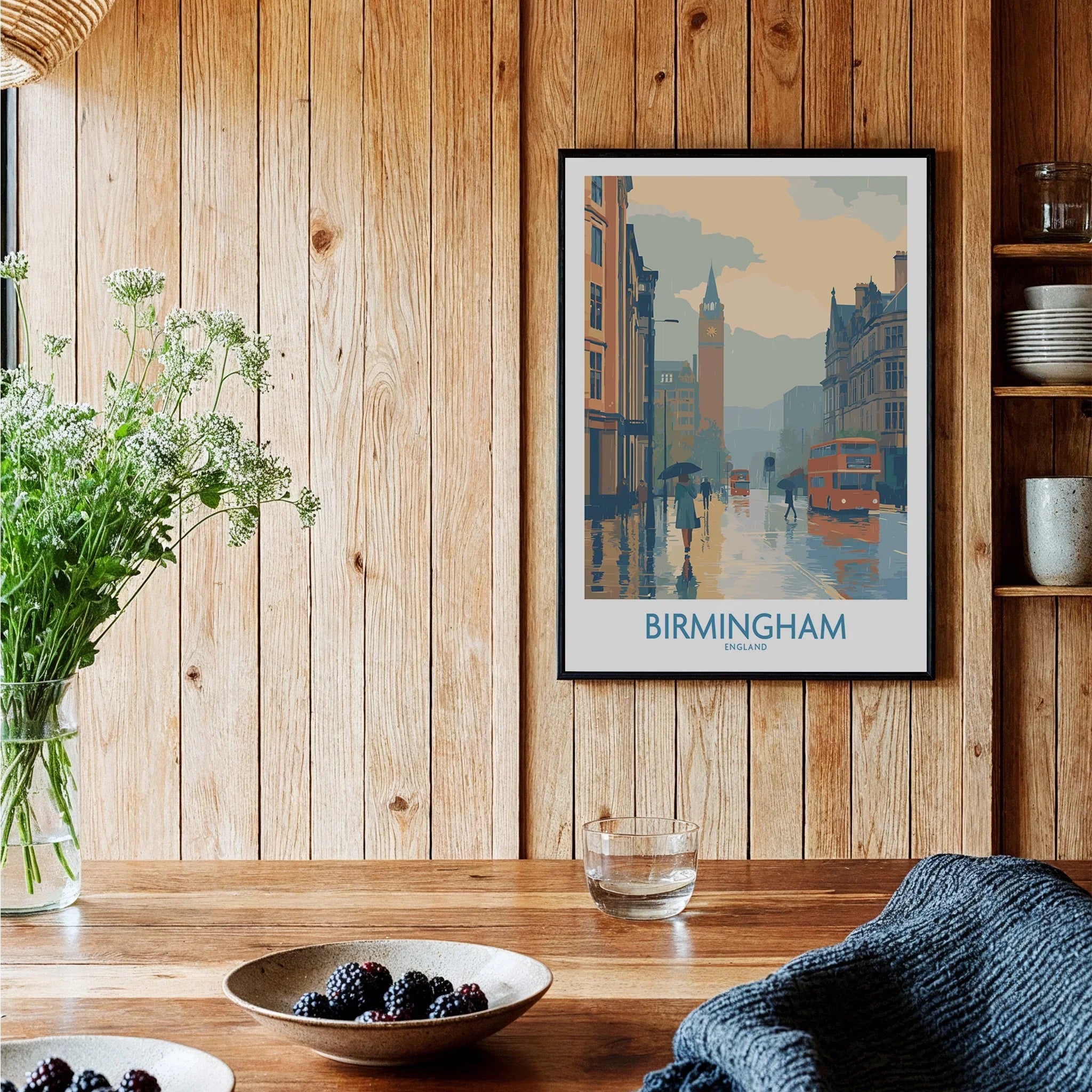 Framed Birmingham travel poster on wood kitchen wall, rustic decor, city wall art print