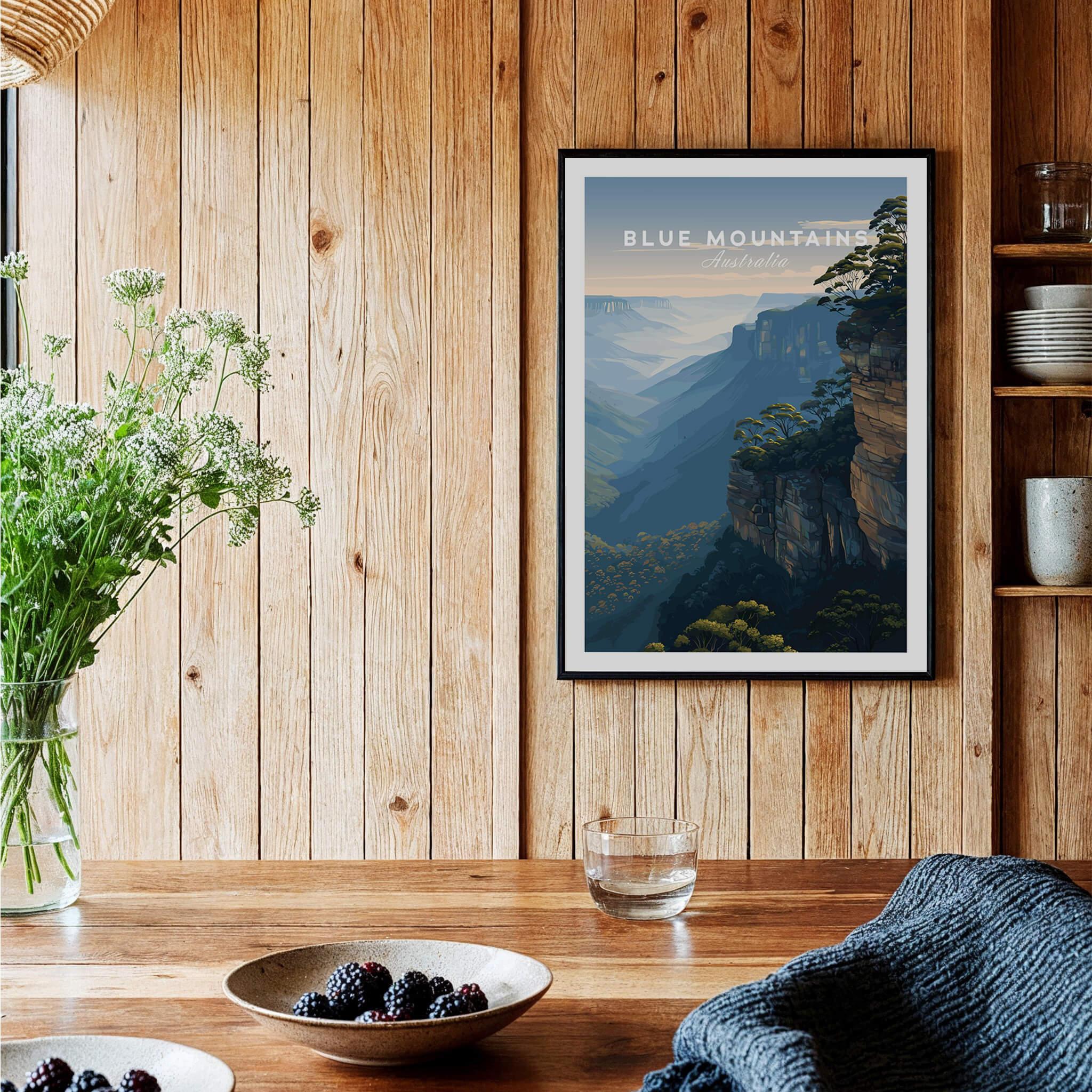 Blue Mountains Australia art print in black frame, hanging in rustic kitchen setting