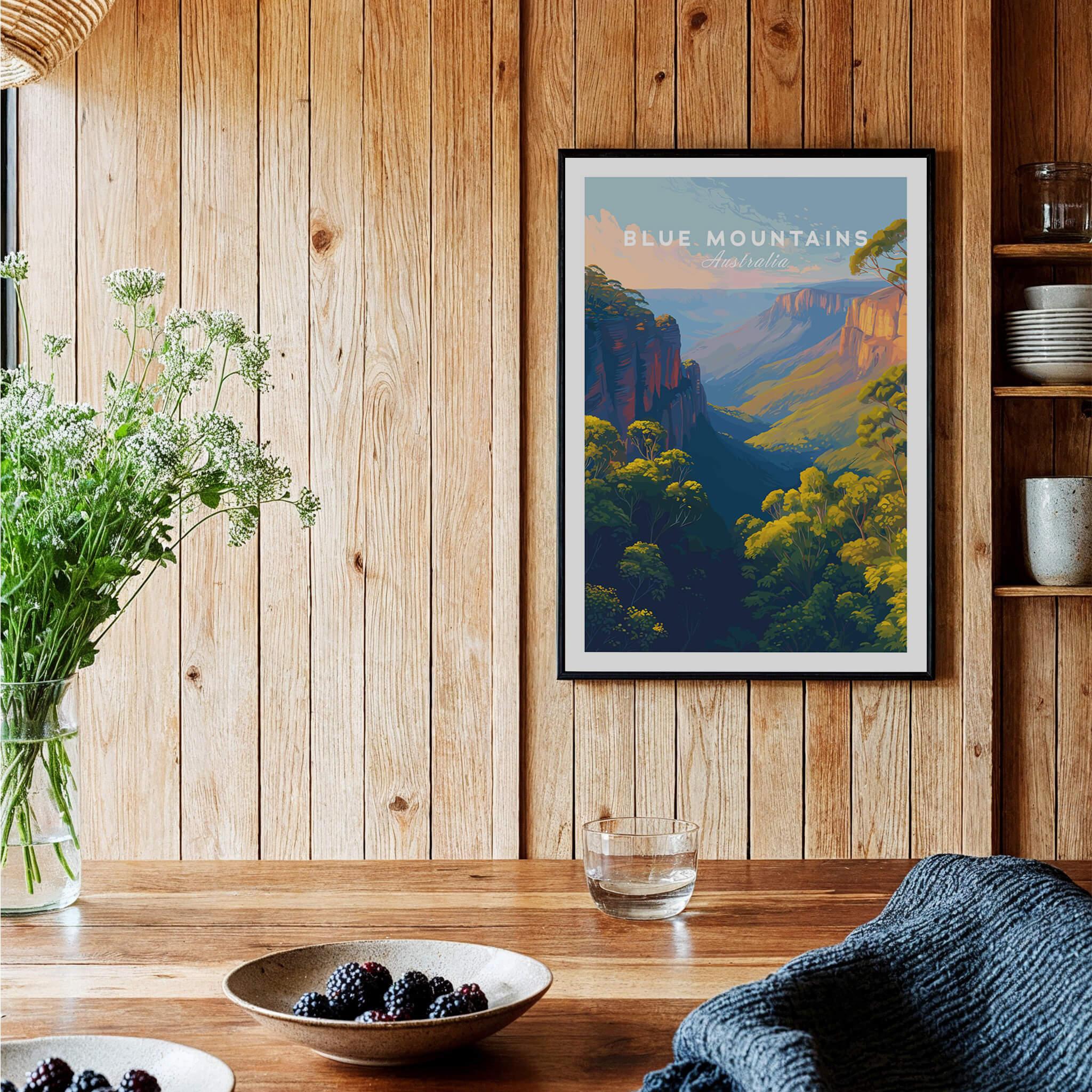Framed Blue Mountains Australia art print on wood kitchen wall, rustic table decor