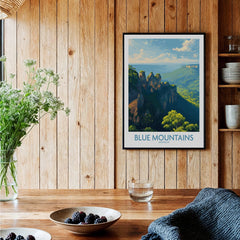 Blue Mountains Australia art print in black frame on wooden kitchen wall, rustic decor