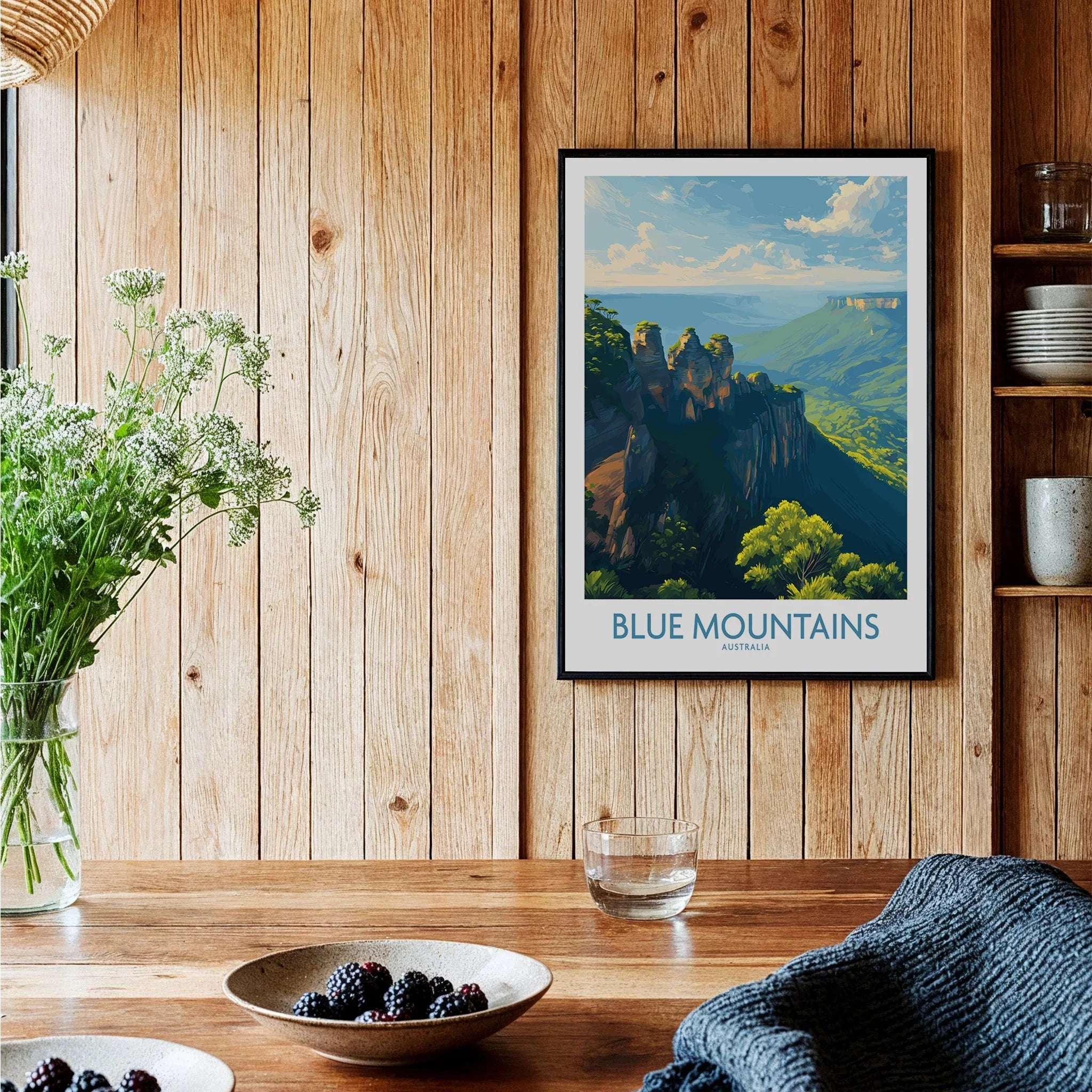 Blue Mountains Australia art print in black frame on wooden kitchen wall, rustic decor