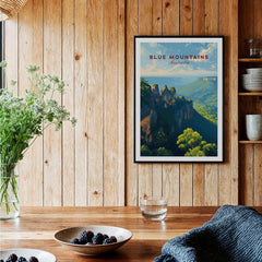 Blue Mountains Australia framed art print in rustic kitchen with wood panel wall
