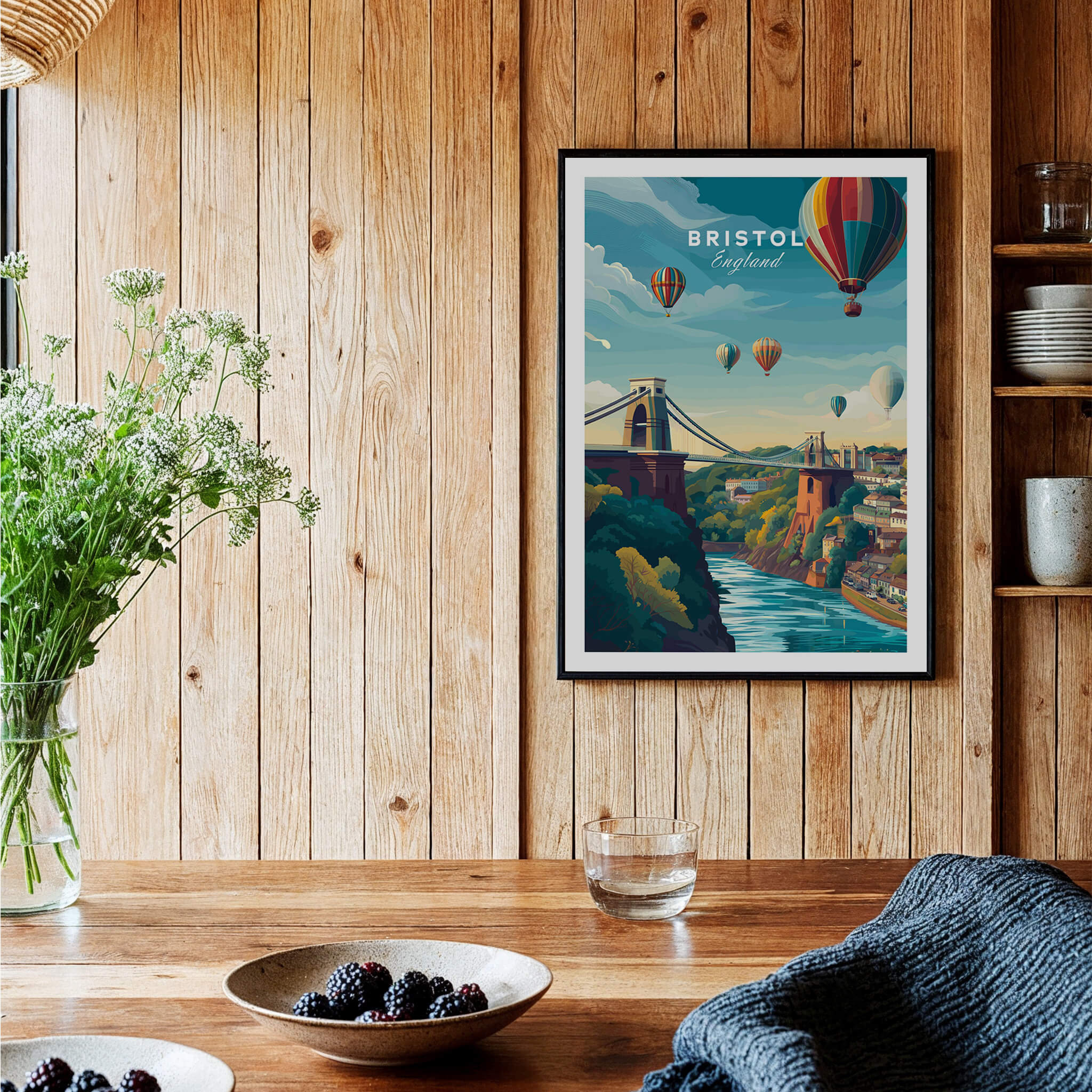 Bristol Art Print - Clifton Bridge Poster featuring the iconic Clifton Bridge with hot air balloons.