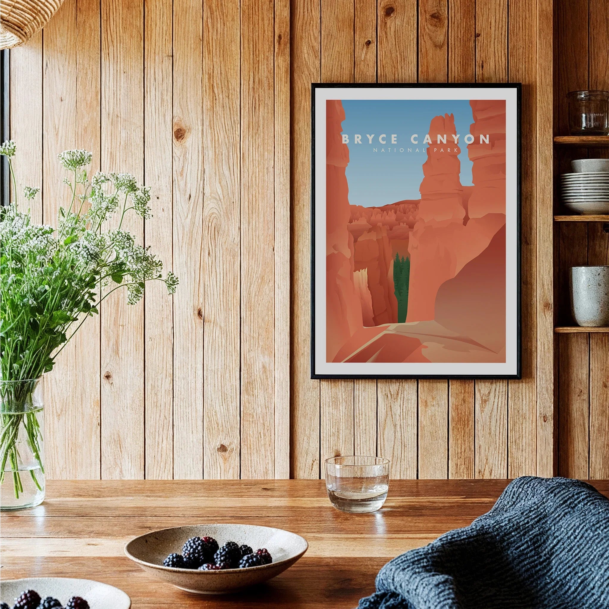 Bryce Canyon National Park art print in black frame displayed in rustic kitchen setting