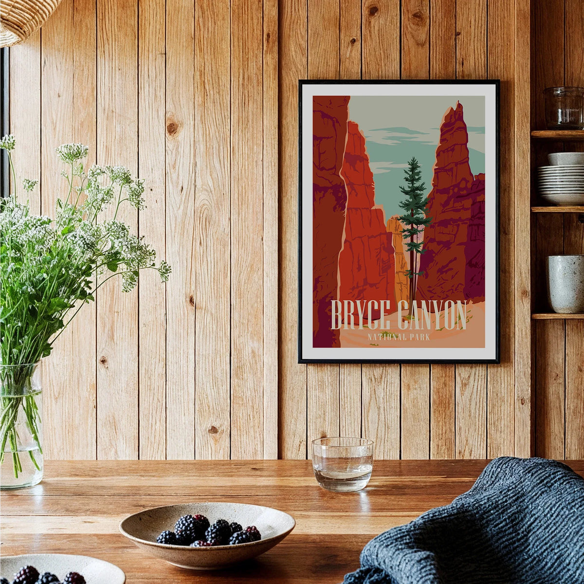 Bryce Canyon National Park art print in black frame on wood kitchen wall with rustic decor