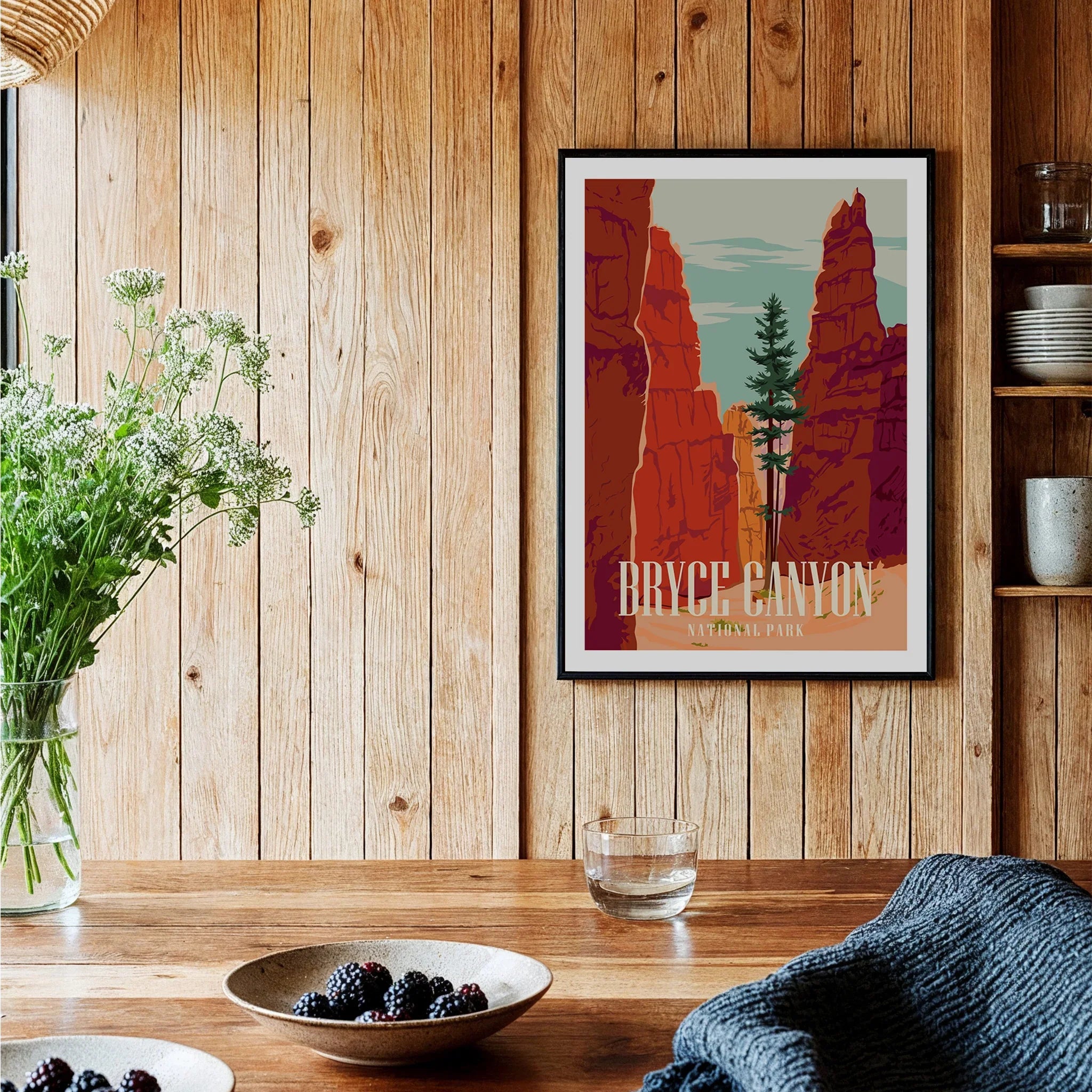 Bryce Canyon National Park art print in black frame on wood kitchen wall with rustic decor
