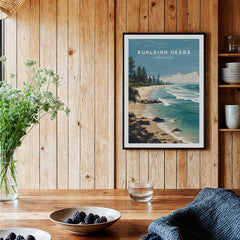 Burleigh Heads Australia Poster – Gold Coast Skyline & Iconic Surf Beach Wall Art displayed in a cozy interior setting.