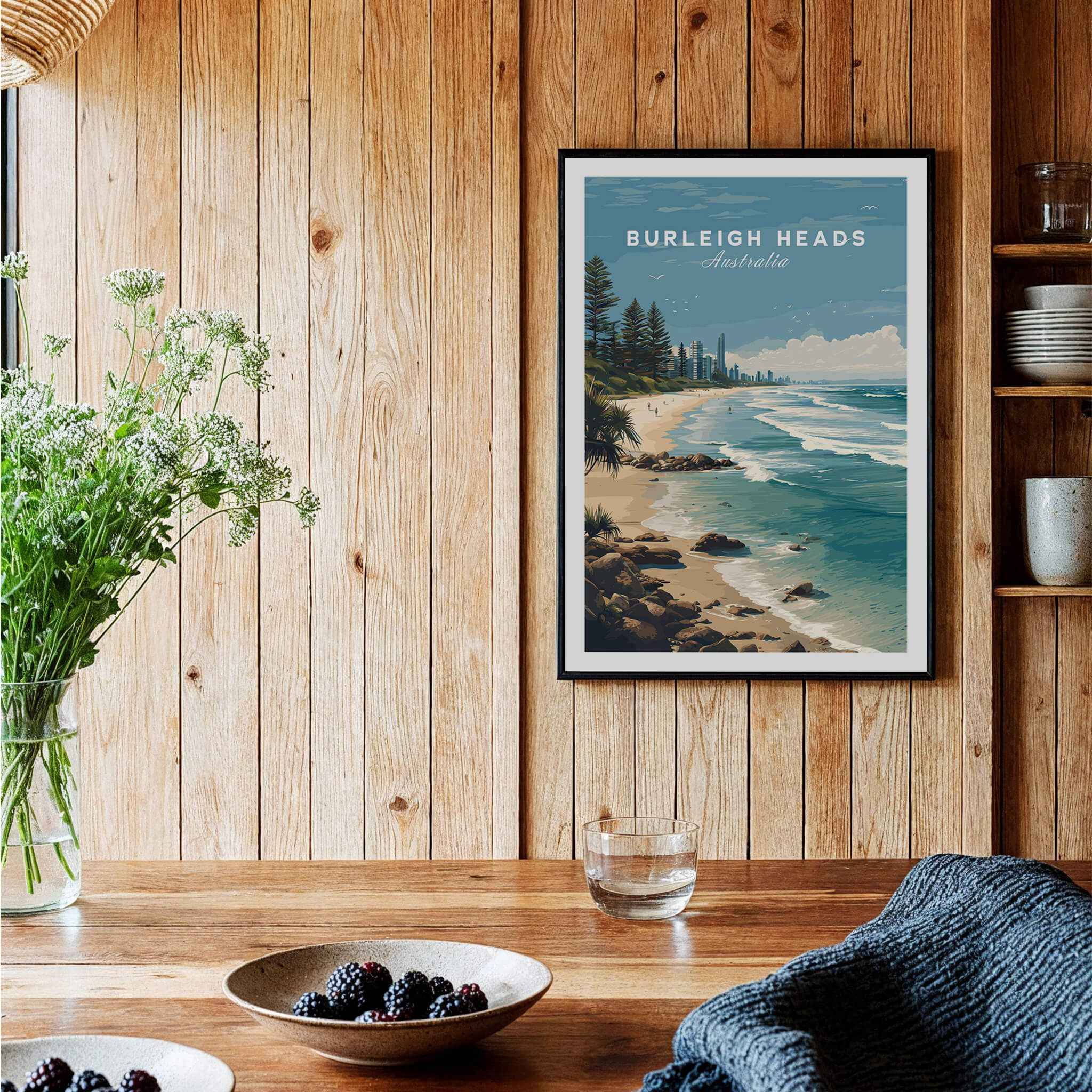 Burleigh Heads Australia Poster – Gold Coast Skyline & Iconic Surf Beach Wall Art displayed in a cozy interior setting.