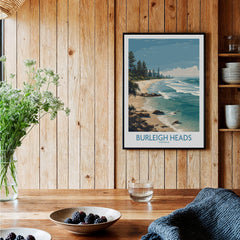 Burleigh Heads Travel Poster - Canvas Print featuring a scenic coastal view with golden beaches and lush greenery.
